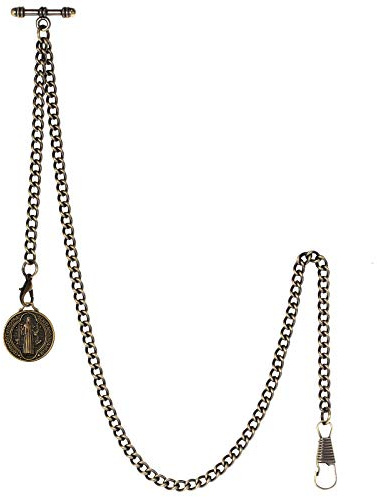 TREEWETO Men's Double Albert Chain Pocket Watch Curb Link Key Chain 2 Hooks with Antique St. Benedict Pendant Design Charm Fob T Bar, Bronze