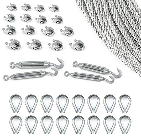 DQ-PP stållina SET | 3 mm 6 x 7 medium mjuk | Förzinkad av stål | Byte 3 mm | Spänningslås kroköglor M5 | linsklämma bygel 3 mm | ledtråd för rankhjälp rep stål tråd skogsrep vindrep spännlina 20m Set 11