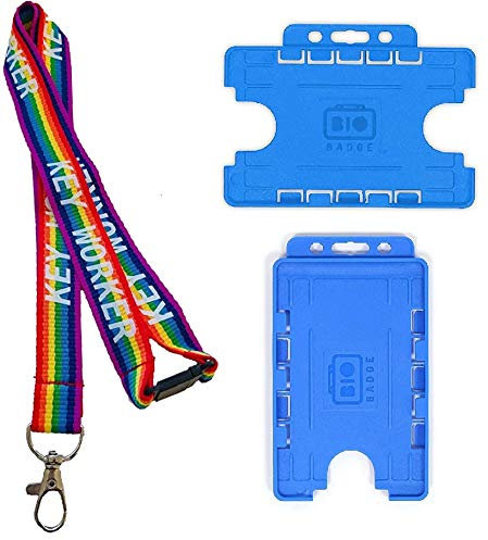 Schlüsselband für Arbeiter, Regenbogenfarben, 20 mm, mit Sicherheitsverschluss und doppeltem blauem Ausweishalter (horizontaler Kartenhalter)