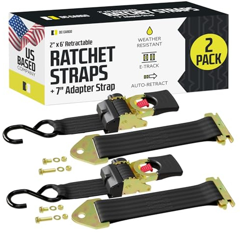 DC Cargo Mall Bolt-on E Track Auto Retractable Ratchets Straps Heavy Duty (2 Pack) 2 Inch x 6 Ft - Retractable Ratchet Tie Down Straps for Boats, Jet Skis, Motorcycles, ATVs - 4,000 lbs Break Strength