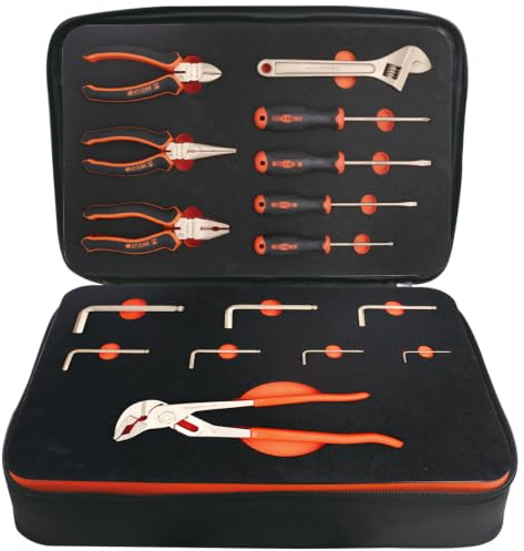 WEDO 16Pcs Non-Sparking Tool Set, Spark-Free General Hand Tool Kit with Toolbox Storage Box, Aluminum Bronze, One-Time Die-Forge, Corrosion Resistant, Strong Torque, DIN Standard