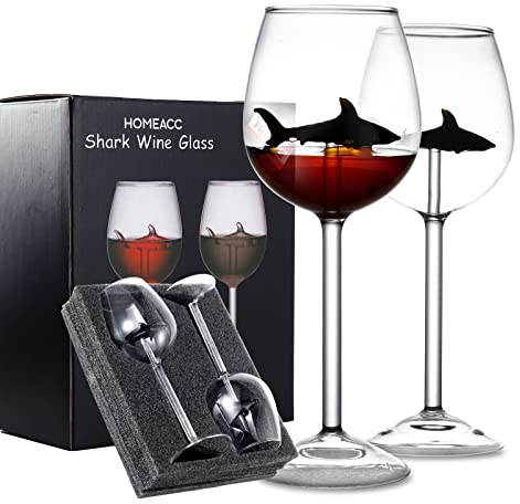 SLHOWOW Bicchiere da vino rosso senza piombo con squalo nero all'interno, set di bicchieri da vino in cristallo a stelo lungo da 283,5 g, per anniversario e compleanno (2 pezzi, squalo nero)