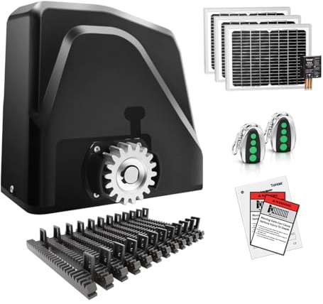 TOPENS DKR1100ST Solar Sliding Gate Opener Rack Drive Automatic Gate Motor for Heavy Driveway Slide Gates Up to 2600 Pounds, Electric Gate Operator Battery Powered with Solar Panel Remote Control Kit