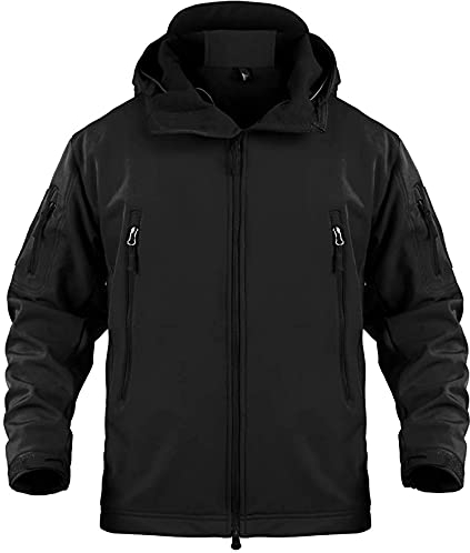 Memoryee Herren Wasserdichte Softshelljacken Fleece Futter Warme Militärische Outdoor Winddicht Übergangsjacke mit Kapuze/Black(new)/L