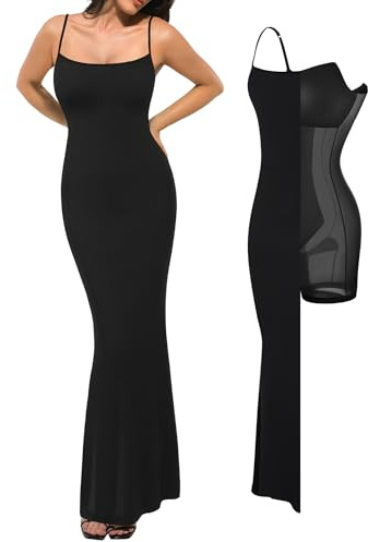 Popilush Maxi Dresses for Women Shapewear Tummy Control Built in Bra Bodycon Ribbed Spaghetti Strap Formal Party Dress Black