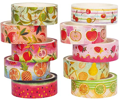 Maglitt Fruktträdgårdsmönster Självhäftande Washi Tejp 10 Rullar Dekorativt för Tidskrifter, Planerare, Scrapbooking, Presentförpackning, Gördet-Själv-Hantverk