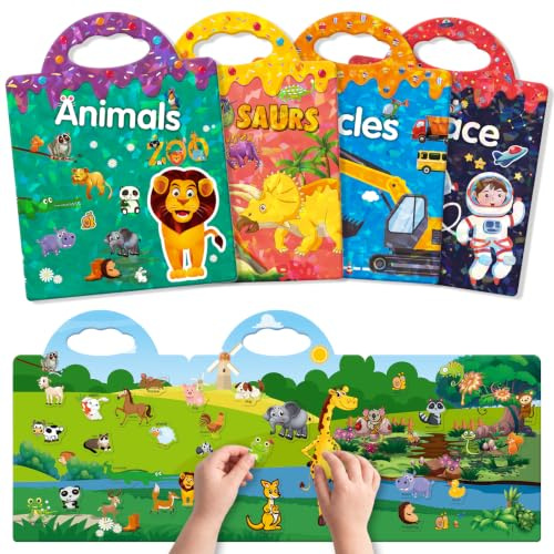 GUYUCOM 4-pack återanvändbara klistermärkesböcker – 3D djur, rymd, fordon, dinosaurier – pedagogisk leksak för barn 2–4 år, pojkar & flickor, perfekt present