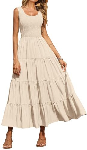 PRETTYGARDEN Sleeveless Casual Shirred Tank Top Maternity Dress Boho Tiered Maxi Dress Summer Dresses for Women 2026 Sundress (Apricot,Small)