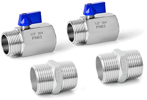 ERGAOBOY 2 pezzi 1/2 femmina x 1/2 maschio filettatura BSP Valvola a sfera in acciaio inox 304 per impieghi gravosi con 2 pz. 1/2 maschio SUS 304 connettore nipplo esagonale