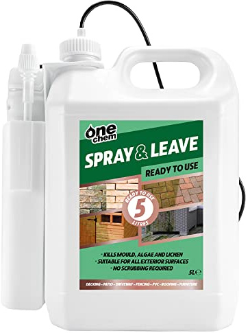 One Chem - 5 Litre Spray and Leave - Ready To Use - Incudes Battery Powered Sprayer - Patio Fencing Decking Driveway Cleaner - Green Algae and Mould Killer