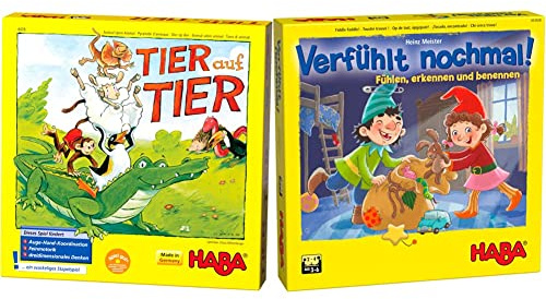 HABA 4478 - Tier auf Tier, Stapelspiel für 2-4 Spieler ab 4 Jahren & 304508 – Verfühlt nochmal!, Fühlspiel für Kinder ab 3 Jahren
