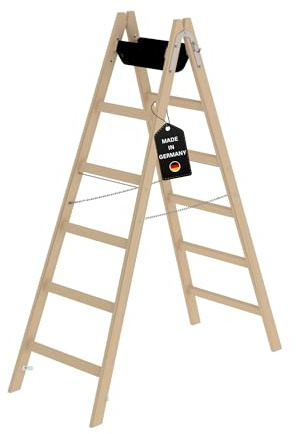 PROREGAL Sprossen-Stehleiter Holz mit Werkzeugablage | 2x6 Sprossen | Leiter, Teleskopleiter, Trittleiter, Bockleiter, Sprossen-Doppelleiter
