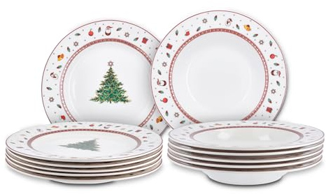 Peill+Putzler Germany Weihnachtsgeschirr,Tafelservice mit Weihnachtsmuster, 12-teiliges Geschirrset für Weihnachten, Bon China Porzellan in weiß für 6 Personen, mit Goldrand daher nur Handwäsche