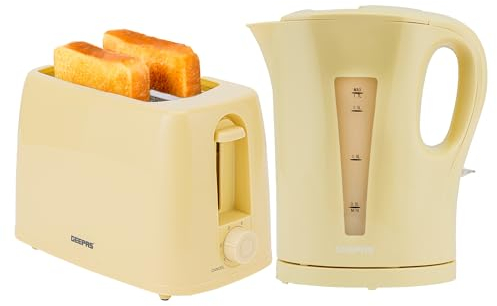 Geepas Kitchen Combo Set with 2200W Electric Kettle and 2 Slice Toaster, 1.7L Cordless Kettle with Auto Shut-Off, 650W Toaster with 6 Browning Settings, Beige