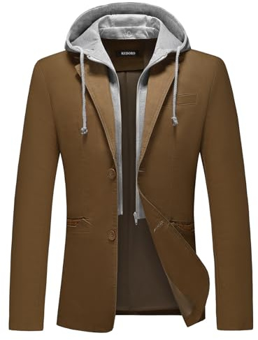 KUDORO Chaqueta tipo blazer para hombre con capucha desmontable, ajuste delgado, dos botones, esmoquin casual para hombre, blazer clásico, Café-a, XL