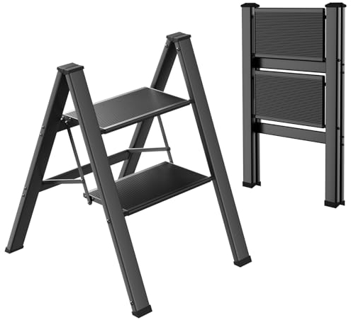Scala pieghevole in alluminio a 2 livelli, antiscivolo, scaletta portatile per casa, scala leggera, portata fino a 150 kg, utilizzata in cucina, casa, ufficio (nero)