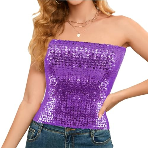 Segreto Top sexy da donna con paillette, senza maniche, vintage, a fascia, senza spalline, crop top per feste, Lungo Viola, Taglia unica
