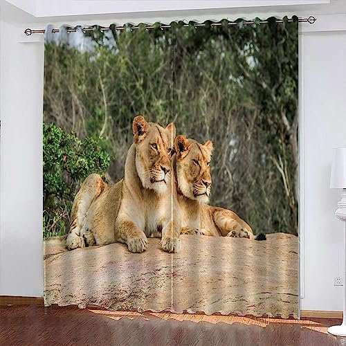 Lärmschutzvorhang Ösen Kinderzimmer Junge Verdunkelungsvorhang Blickdichter Gardinen 3D Hd Druck Tierischer Löwe 2Er Set Vorhänge Schlafzimmer Fenst