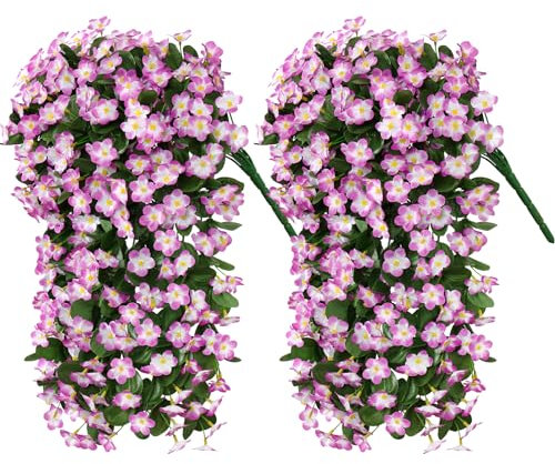 Dremisland 2 Set Künstliche Hängende Blumen mit Korb Gefälschte Hängepflanzen UV-beständig Faux Pflanzen DIY Kette Hängenden Korb Künstliche Blumen für Outdoor-Garten Patio (Violett)