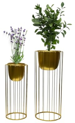 Trendi Gold Set of 2 Planter Pots with Metal Stands, Flower Pots Living Room Decor | Plant Pot for Indoor/Outdoor Flower pot Plant Herb Garden Container Organizer decor (Set of 2