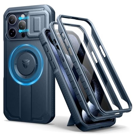 Dexnor Coque Compatible avec iPhone 15 Pro Max Magnétique avec Couverture de Caméra Coulissante & Support Réglable & Film de Protection D'écran Intégré, Boîtier de Pare Chocs Robuste - Bleu Marine