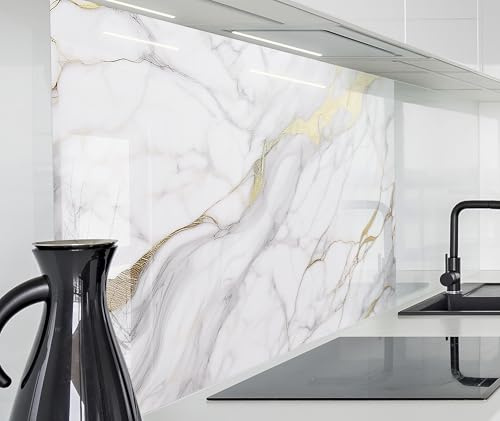 timalo Spritzschutz Wand für Herd, Küche Küchenrückwand Glasoptik | Acryl Glas 2mm | Glasrückwand Acrylglas Wandpaneele Küchenspiegel | 80x60cm Weißer Marmor mit Gold
