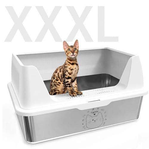 HEROYAL Katzenklo Edelstahl XXXL mit Aufkleber, 37L, Antihaft, 60x40x30cm | Katzentoilette Edelstahl, mit Filter-Trittplatte & Abnehmbare Hoher Rand, Niedriger Einstieg, Auslaufsicher & Spritzsicher