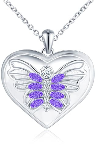 Yumilok Collar de alas de mariposa en forma de corazón de mujer collar de fotos de zircon púrpura en forma de corazón collar de plata esterlina 925