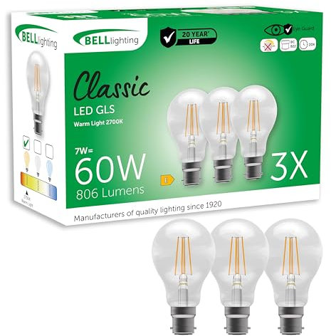 BELL Lighting B22 LED Filament Light Bulbs 3 Pack | 7 W 810 Lumen Warm White 2700 K | Bayonet Cap BC | Energy Saving Vintage Edison Style Filament Bulb | 60 W Equivalent | Non-Dimmable for Home Décor