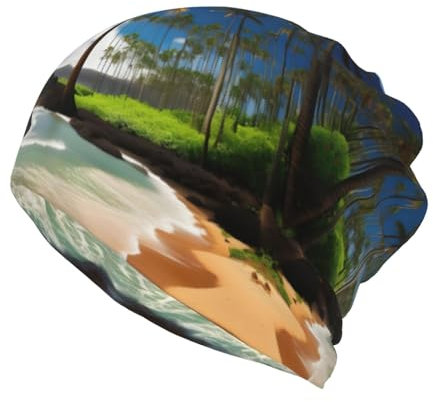 Tropical Palm Tree Hawaii Beach Print Ponytail Beanie for Women,Winter Beanie Hat Face Mask Covering Neck Gaiter for Cold Weather Black