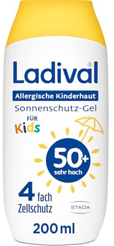 Ladival barn solskydd gel SPF 50+ för allergisk barnhud – solskydd vattentätt UV-skydd för känslig baby- och barnhud, för solallergi, närande, lämplig från 6 månader, 200 ml