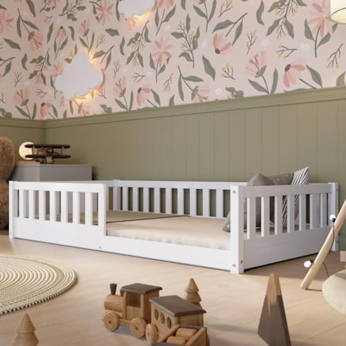 Crazy Pine Cama Montessori 190x90 cm - Cama Infantil Fácil de Montar - Camas Infantiles Segura niños y niñas - con Protección contra Caídas - Blanco - Baja