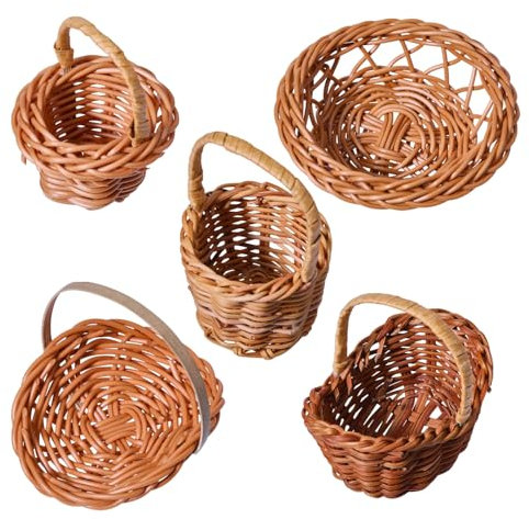 FREEBLOSS 5Pcs Mini Woven Baskets Miniature Rattan Wicker Basket with Handle Mini Picnic Baskets for Party Favor Easter Crafts