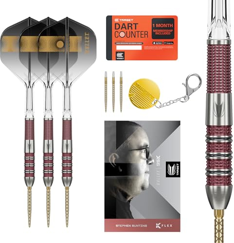 Target Darts Stephen Bunting 95K Set Dardi in Acciaio Swiss Point, 22G | Alette e Aste Kflex, The Bullet Player Edition Freccette al 95% di Tungsteno, Punte DX Dorate Ricambio Portachiavi