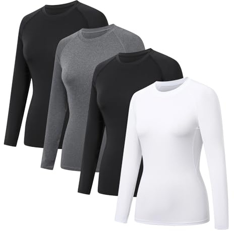 HYCOPROT 4 Pack Maglietta Compressione Donna Manica Lunga Top di Allenamento Asciugatura Rapida Base Layer Atletica Traspirante T-Shirt Casual Moda Basic Magliette Abbigliamento Palestra Yoga Corsa