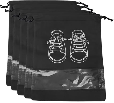 CAPASTEC Schuhtaschen Schwarz 5 Stück Für Reisen Vliesstoff PVC | Mit Klarem Fenster, Zugband-Design, Staubdicht, Für Männer Und Frauen, Größe 26,5 X 36 Cm, Leicht, Atmungsaktiv
