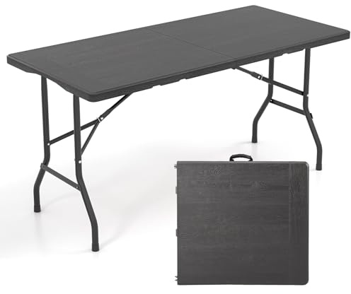 COSTWAY 5FT/6FT Folding Camping Table, Fold-in-half Portable Trestle Dining Picnic Table with Carrying Handle and HDPE Tabletop, Kitchen Garden Patio Picnic BBQ Table (Black, 152 x 70 x 74 cm)