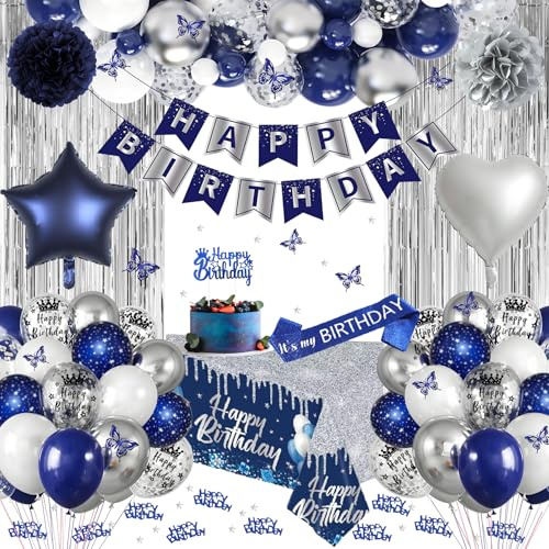 Geburtstagsdeko Blau Silber, Deko Geburtstag Marine Blau und Silber, Happy Birthday Banner, Luftballons, Schärpe, Tischdecke, Vorhang, Pompons für Mann Frauen
