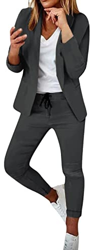 EMATOP Damen Anzug Elegant 2 Teilig Hosenanzug Langarm Business Anzug Set Zweiteiler Einfarbig Blazer Hose Festlich Lange Hosenanzüge Sportlich Slimfit Streetwear Frauen Baumwolle Freizeitanzug