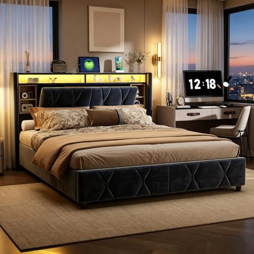 BRILVERDE Polsterbett 140x200 mit Stauraum, Doppelbett mit LED und USB, Jugendbett mit Kopfteil, Bettgestell mit Lattenrost, Stauraumbett, Samt, Ohne Matratze (Grau, 140 x 200 cm)