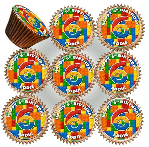 30 x BUILDING BRICKS BIRTHDAY PERSONALISED EDIBLE ICING 3.8 cms CUPCAKE TOPPERS DECORATIONS SV-226