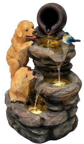 Elektrisk TRÄDGÅRDSFONTÄN Canine Creek | Polyresin | Valpar & fågel | LED-belysning | Tyst pump | 64x38x46 cm | 7 m kabel | Charmig utomhusdekor | Inkl. rengöringsborste vattenfontän
