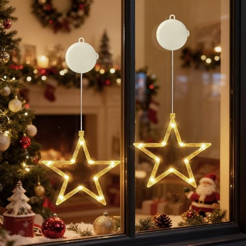 CNMTCCO LED Sterne Weihnachtsbeleuchtung, 2 Stück 10 LED Lichtervorhang mit Saugnäpfe, Timer, Batteriebetriebene, Fenster Lichterkette Lnnen für Weihnachten Deko,Party,Hochzeit,Balkon(Warmweiß)