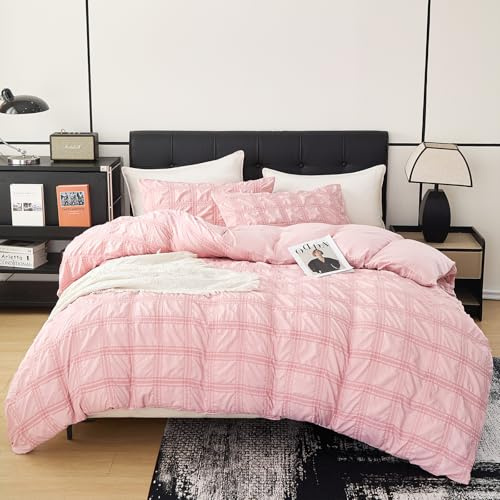 DCSKY Pink Duvet Cover Queen Size, Ultra Soft 3-Piece Boho Seersucker Duvet Cover Set with Zipper Closure, Soft Washed Microfiber Bedding Set (104x90, 2 Pillowshams)