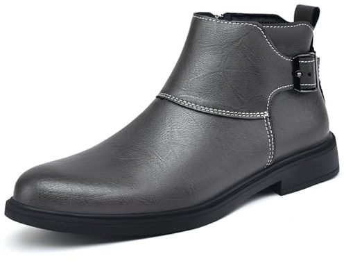 Bottines Chelsea en cuir véritable à bout pointu avec boucle réglable et fermeture éclair intérieure pour homme, Peluche grise, 45 1/3 EU