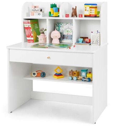 COSTWAY Scrivania per Bambini 3+ Anni in Legno Salvaspazio, Bianco