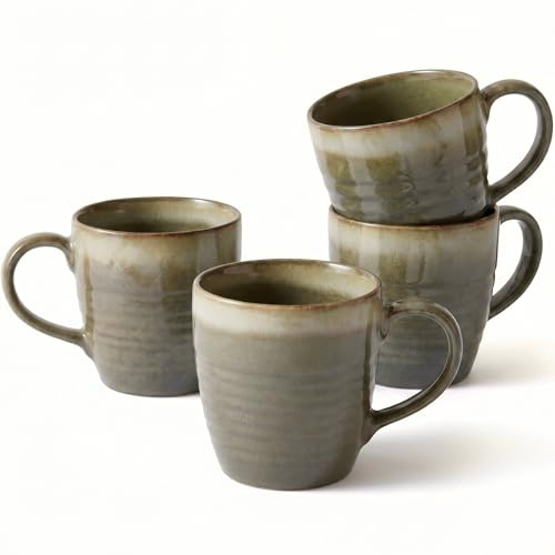 Ava Nord 400 ml Coffee Mugs Set of 4, Ceramic Coffee Mugs with Handle – Reactive Glaze Stoneware Coffee Mug Set for Tea, Latte, Cappuccino, Cocoa, Hot Chocolate – Microwave & Dishwasher Safe - Green