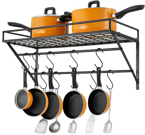 Wall Mounted Kitchen Utensil Rack with 6 Stainless Steel Hooks – Space Saving Hanging Organizer Shelf for Cooking Tools, Pots, Pans, Cutlery, and Spice Jars