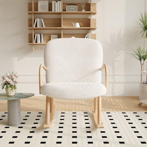 belupai Schaukelstuhl mit Basis aus Holz, Schaukelsessel in Beige, Teddy Samt, Schaukelstuhl, gepolsterter Schaukelstuhl, Innenschaukel, für Wohnzimmer, Schlafzimmer