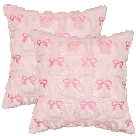 Artoid Mode Künstliche Pelz Rosa Schleifen Hasen Ostern Kissenbezüge 2er Set, 40x40 cm Plüsch Samt Sofakissen Zierkissenbezug Schlafzimmer Deko